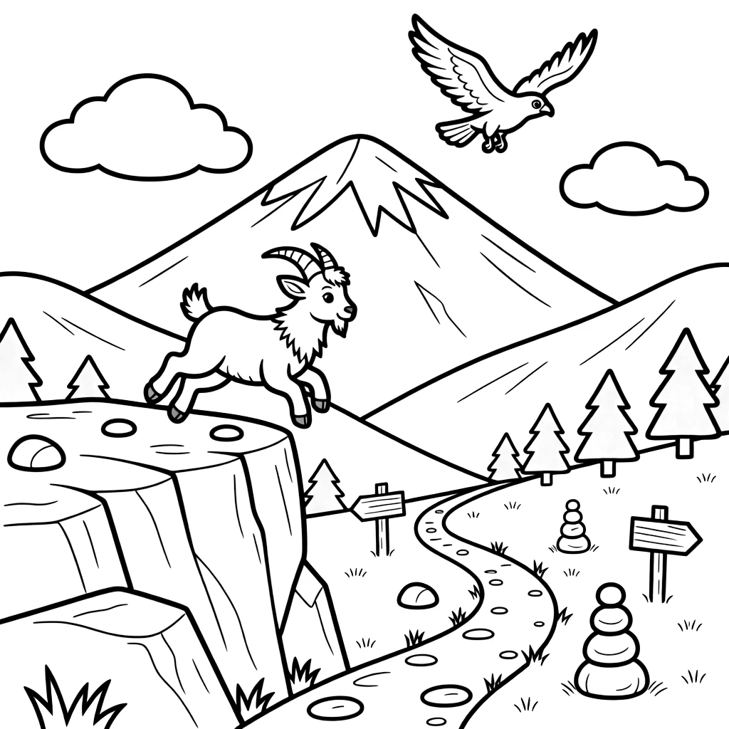 [Mountain Peaks] A young mountain goat leaps confidently across a rocky ledge high above a green valley. Fluffy clouds drift below the summit while a hawk circles above a cluster of pine trees. Jagged rock formations rise beside a winding trail marked with cairns and wooden signposts. Late afternoon light glows across the ridgeline, casting long shadows over the rocky trail.