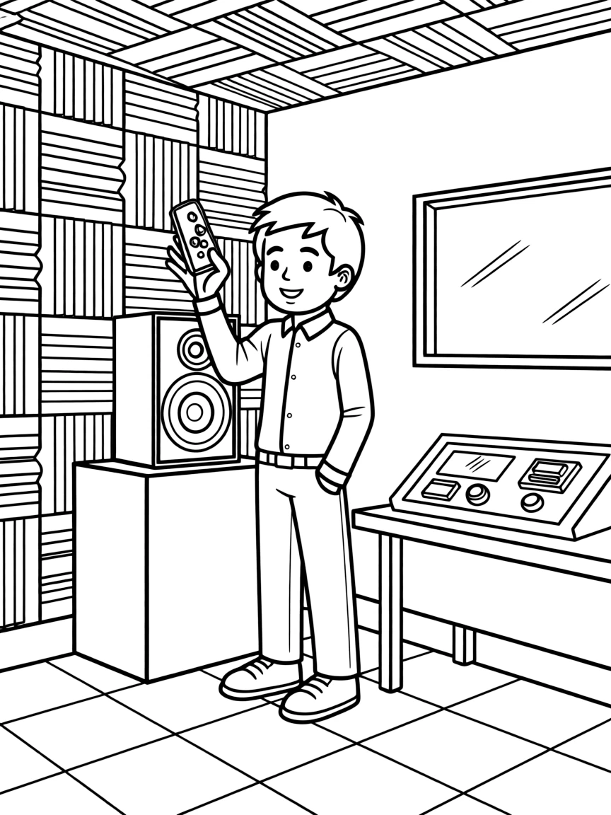 An acoustics engineer waves a sound meter near a speaker in a soundproof room.