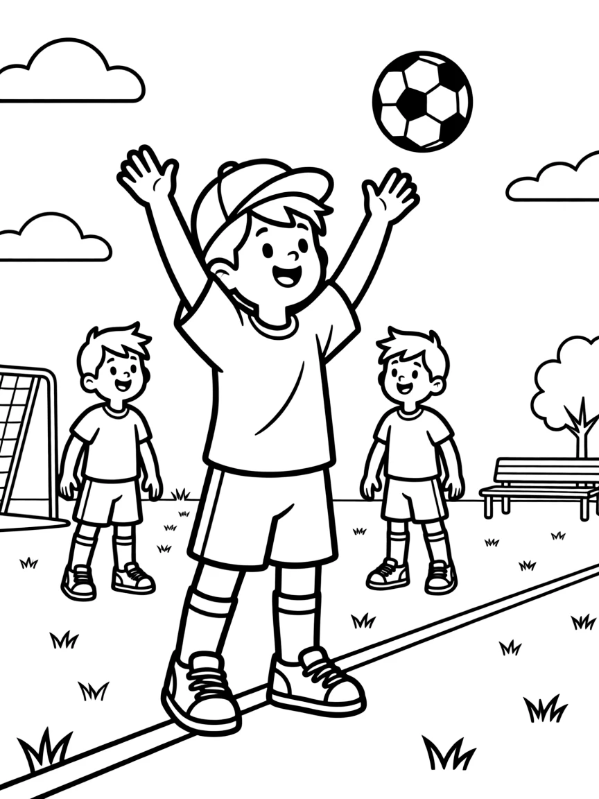 A confident boy wearing a bright cap, lining out with teammates, arms raised to catch a throw-in from the sideline.