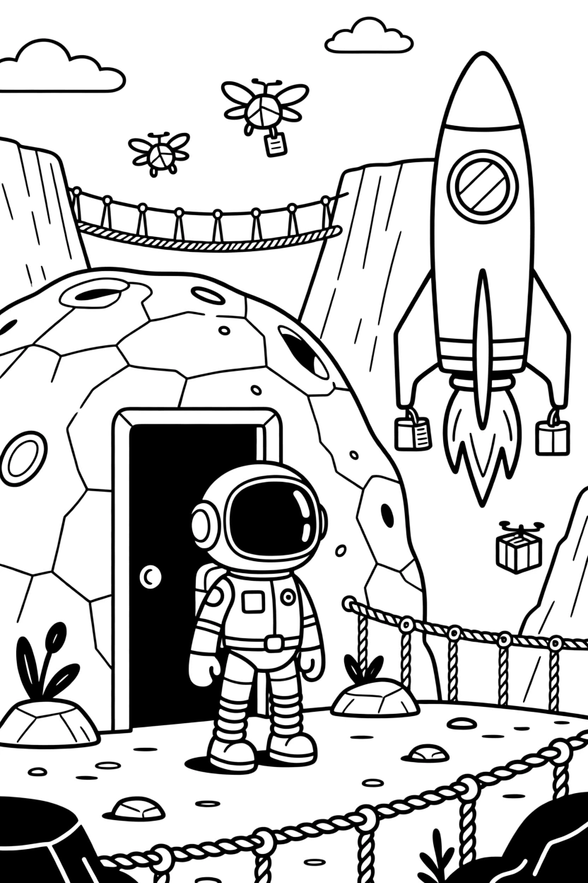 Zappy, a robot with spring-loaded feet discovering a hidden door inside an ancient asteroid near a canyon planet crisscrossed with ziplines and rope bridges, surrounded by a mural of a rocket ship painted on a nearby wall and tiny drones buzzing around delivering packages.