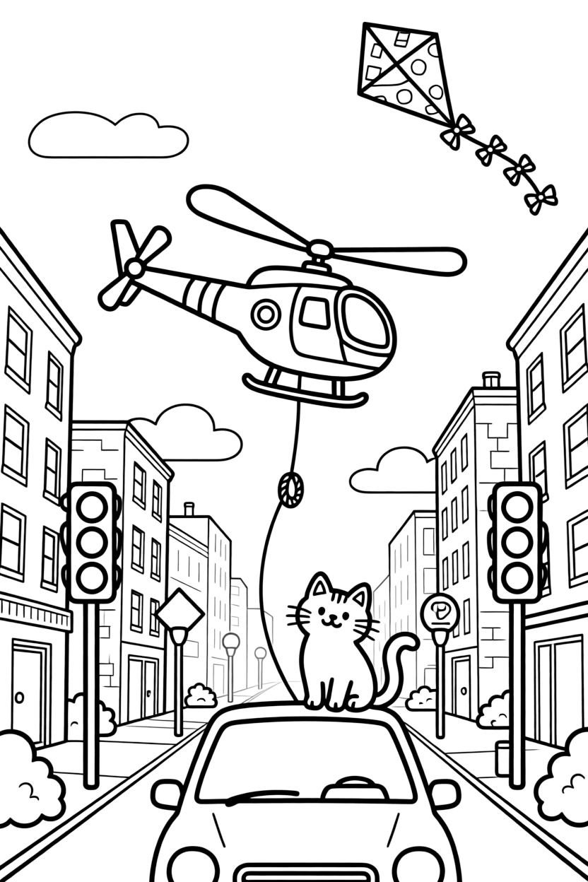 This coloring page shows a search-and-rescue helicopter lowering a rope ladder making its way across a bustling city street lined with tall buildings and traffic lights, accompanied by a curious cat perched on the hood, while a kite dancing in the breeze above adds extra charm to the scene.