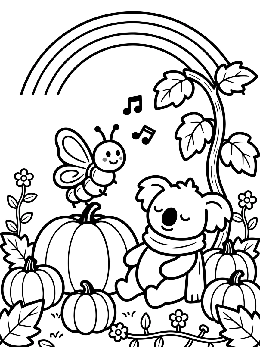 A caterpillar turning into a butterfly singing a cheerful tune with a sleepy koala in a pumpkin patch in October, near a giant beanstalk, while a rainbow arches overhead.