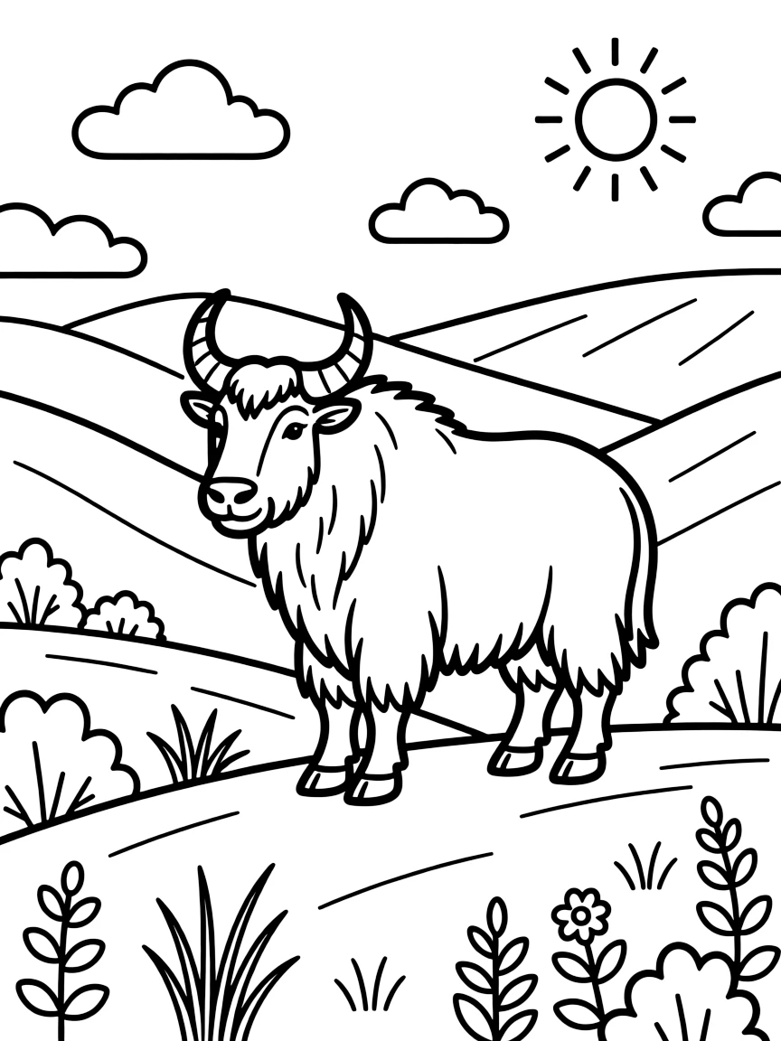 A coloring page of a gentle nature scene in Bhutan featuring a takin, Bhutan's shaggy national animal, standing on a hillside, surrounded by plants, rolling hills, and a bright sky.
