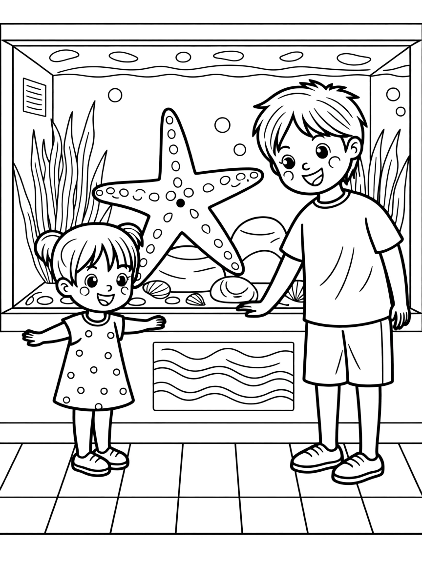 a cheerful older brother and his little sister peers into a touch tank to gently pet a starfish at an aquarium.