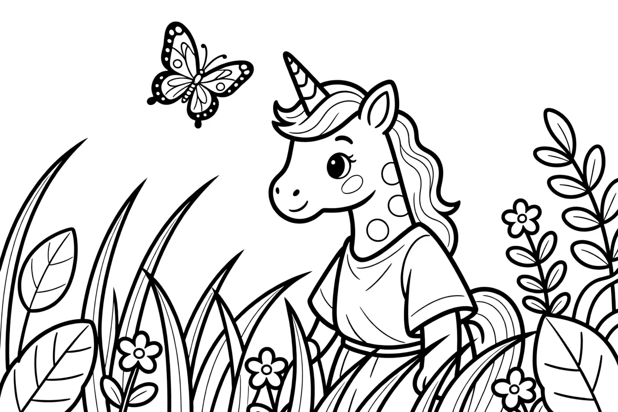 A curious baby centaur peers over tall grass at a butterfly, its spotted coat matching the dappled sunlight filtering through forest leaves.