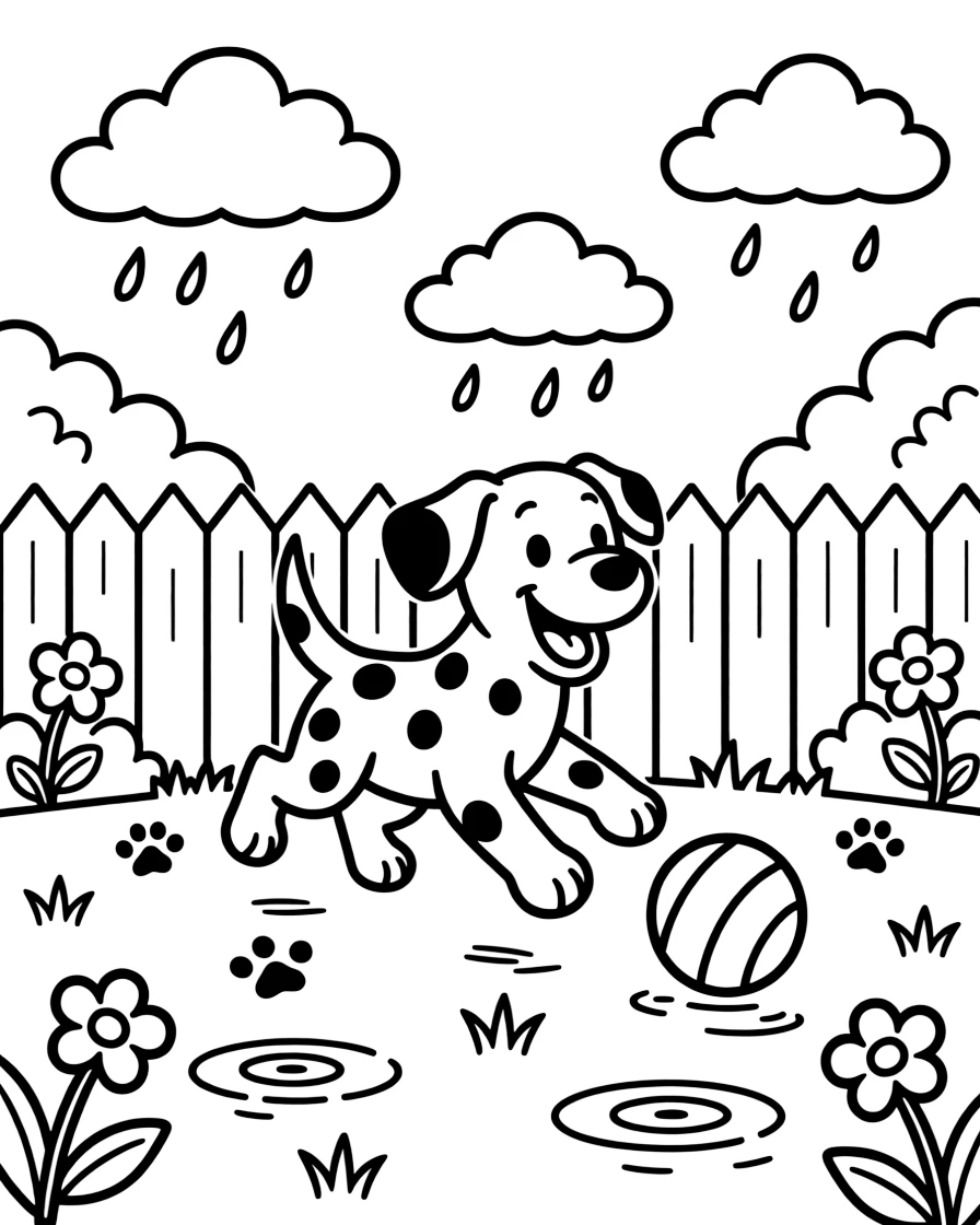 [Pets] A dynamic scene shows a spotted dalmatian puppy chasing a bouncing ball in a fenced garden, smiling proudly. Close by, paw prints trail across the floor. Soft fur textures invite plenty of coloring detail. The moment unfolds just after a rainstorm, with fluffy clouds drifting overhead, filled with energetic detail perfect for a young colorist.