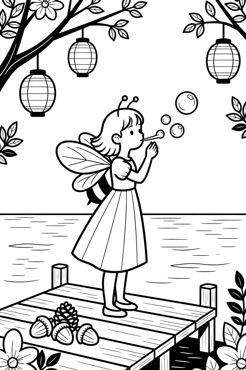 A girl dressed as a queen bee for a spring parade is blowing a stream of shimmering soap bubbles on a wooden dock by a calm lake. All around, paper lanterns hanging from low branches and a cluster of acorns and pinecones scattered about add to the delightful moment.