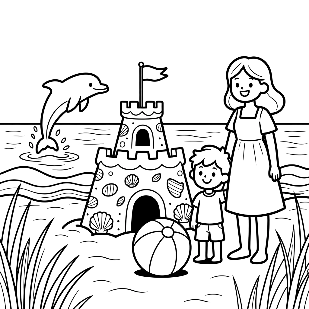 A sandcastle decorated with shells and a tiny flag by a sparkling lake surrounded by tall grass, alongside a big sister and her little brother and a striped beach ball, with a friendly dolphin leaping from the waves close by.