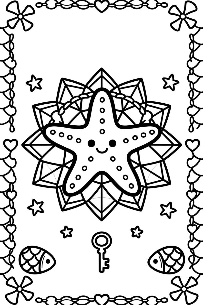 Ocean Creatures: The page presents a small themed scene built around a starfish with five plump, rounded arms, tied together by a crystal-facet mandala built from angular repeating shapes. The scene is set within a framed scene where every element on one side is echoed by a twin on the opposite side. Decorative details fill the surrounding space, including tiny pinwheel stars, a chain of linked heart shapes, and overlapping fish-scale textures woven throughout the background. A playful extra touch completes the page: a small key shape tucked discreetly among the pattern details.