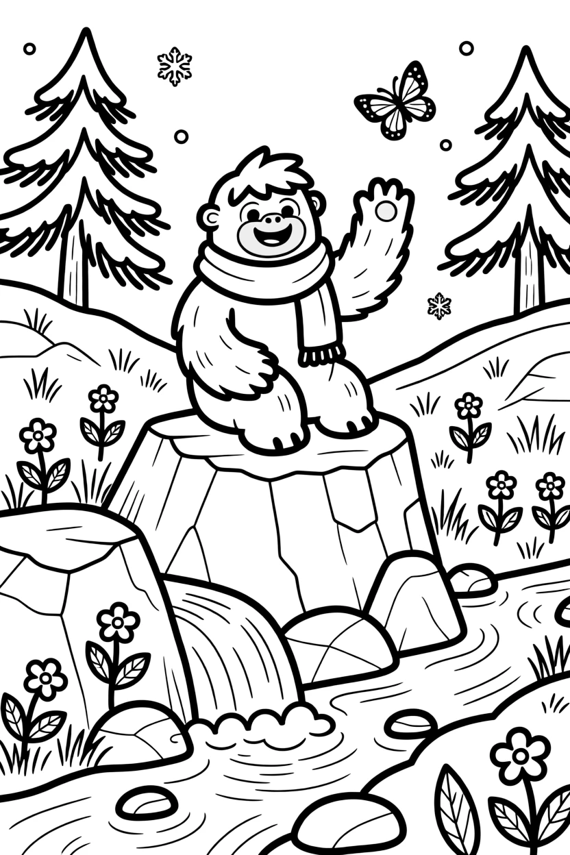 [Mountain Peaks] A friendly yeti waves from a rocky outcrop, surrounded by patches of snow and mountain flowers. Colorful alpine flowers dot the slopes as butterflies drift between patches of wild grass. Patches of wildflowers grow between boulders near a bubbling spring that feeds a mountain stream. Fresh snowflakes drift down over the mountainside, dusting the rocks and pine branches.