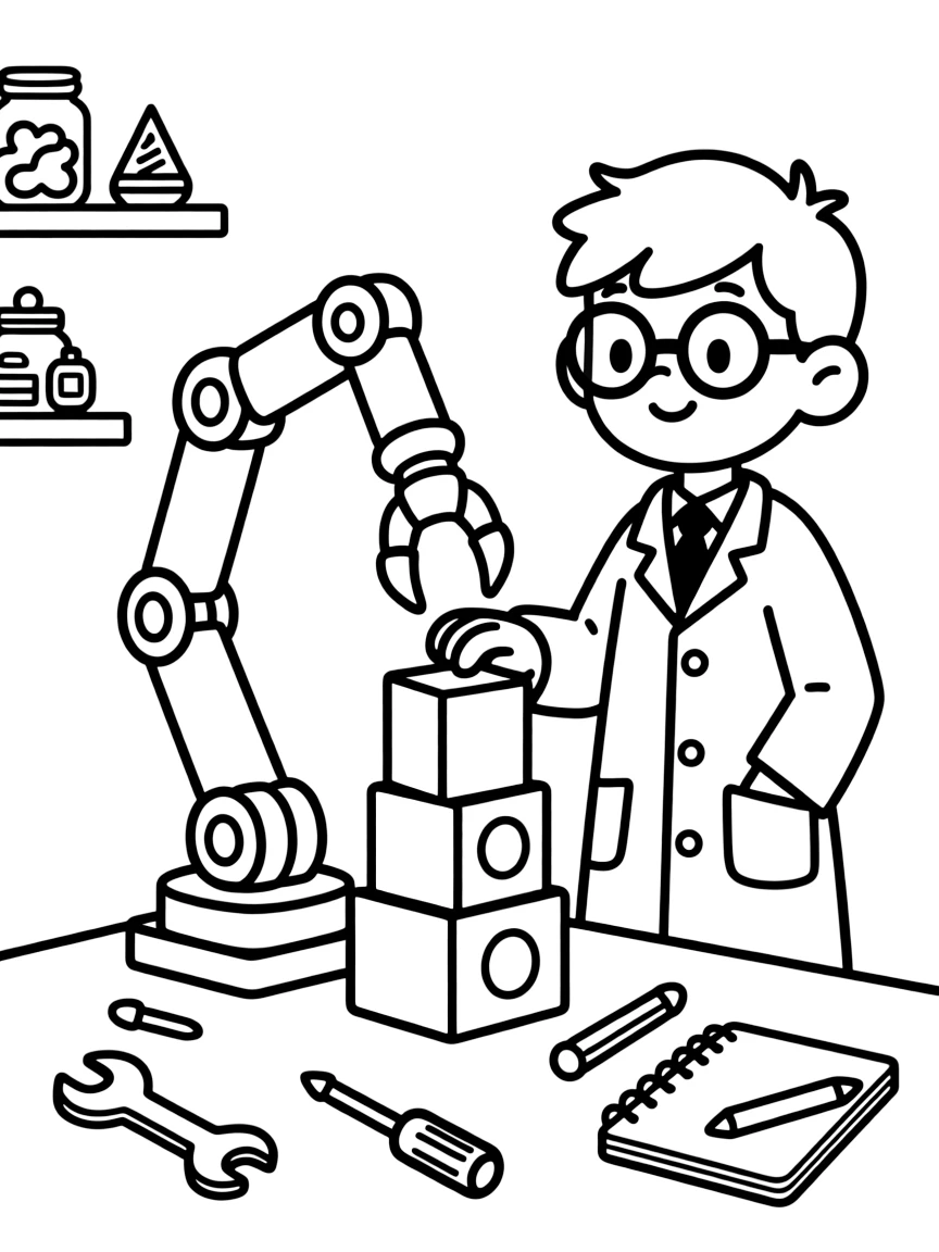 A robotics scientist programs a robotic arm to pick up colorful blocks.