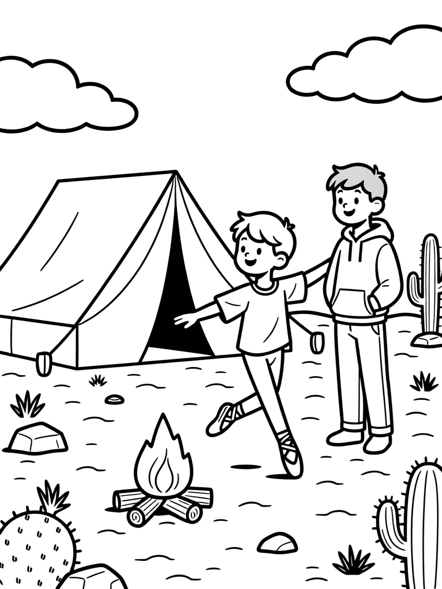 A preteen boy dancing ballet together with an older sibling home from college at a desert campsite while fluffy clouds drift by.