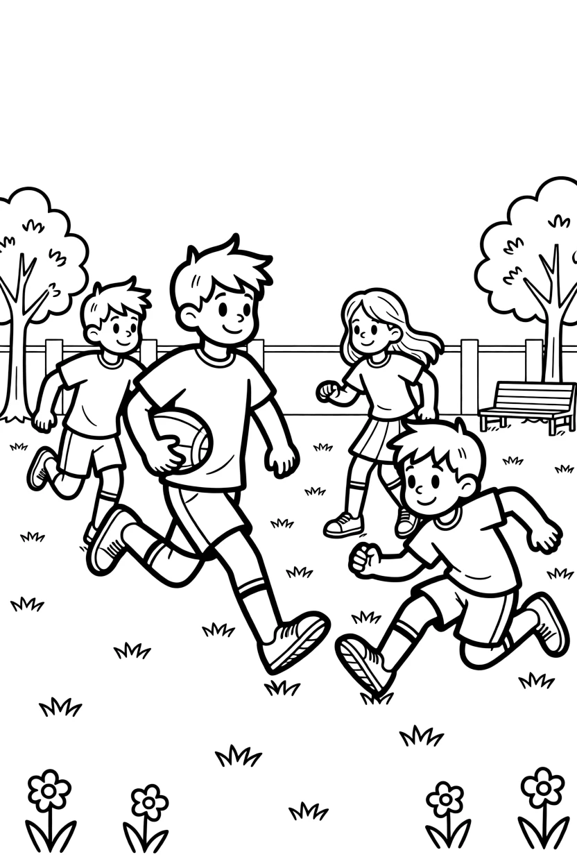 A group of classmates, running with the ball tucked under one arm, dodging a tackle with a quick sidestep.