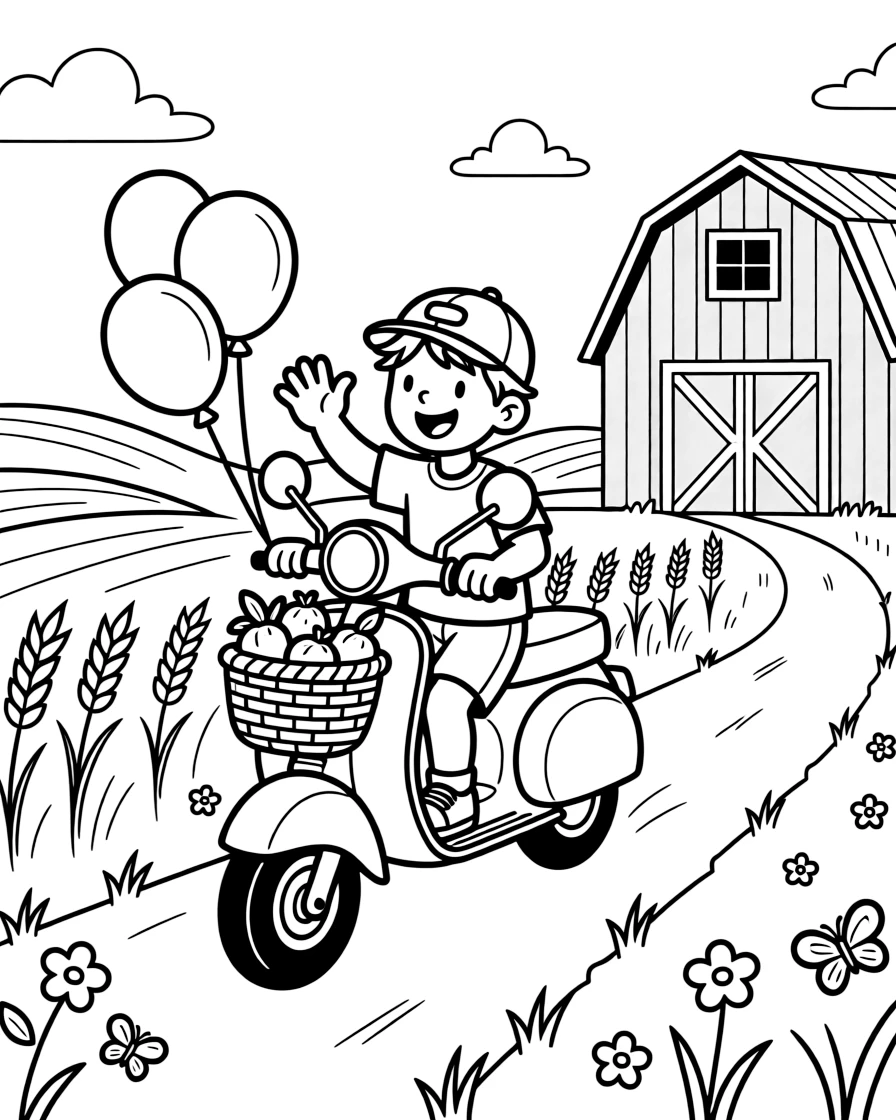 The scene captures a moped zipping along with a wicker basket on front in the middle of a sunny farm with a red barn and rolling wheat fields, with a smiling driver wearing a cap and waving hello nearby and balloons tied to the rearview mirror sprinkled around for extra fun.