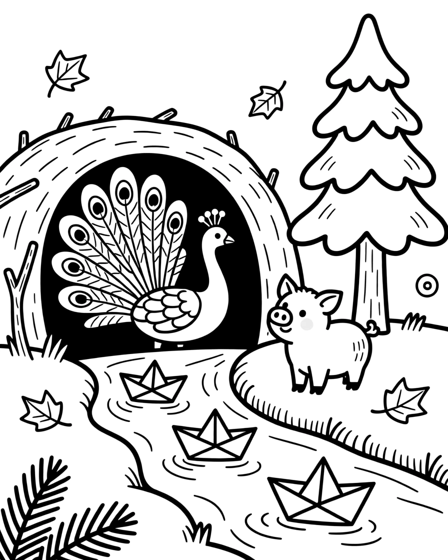 A peacock in a cozy burrow, floating paper boats down a stream with a piglet, next to a snow-covered pine tree, as autumn leaves swirl in the wind.