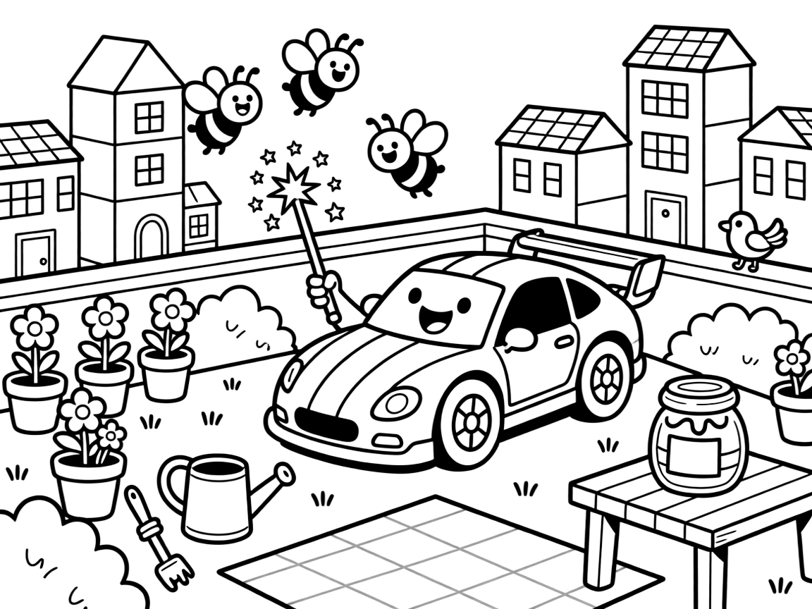 On a rooftop garden overlooking a busy toy-block city, a playful race car with a grin discovers the joy of practicing magic tricks with a sparkly wand, while a swarm of bees buzzing around a honey jar watches happily nearby. Everyone is laughing and having the best time.