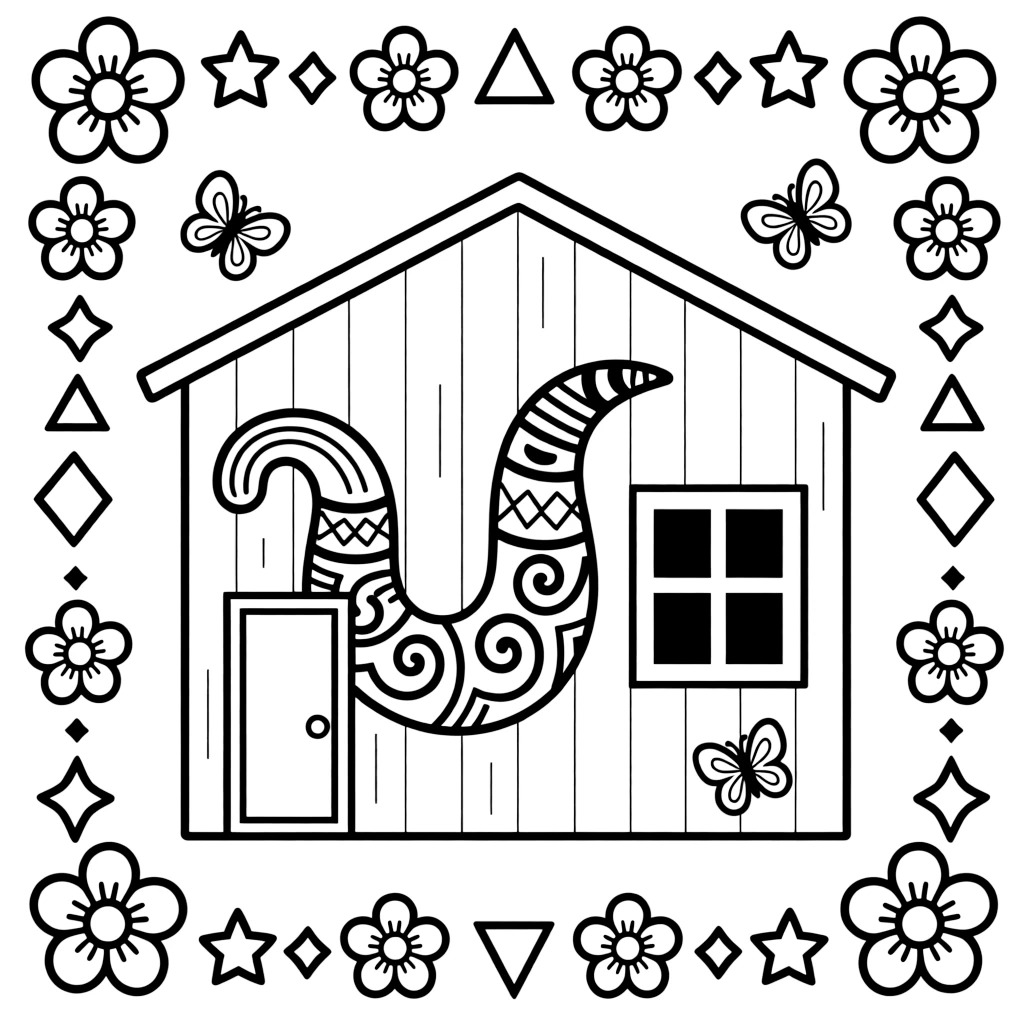 A coloring page featuring a giant painted phallus symbol on a farmhouse wall for good luck from Bhutan, framed by a simple border of flowers, stars, or geometric patterns from the region.