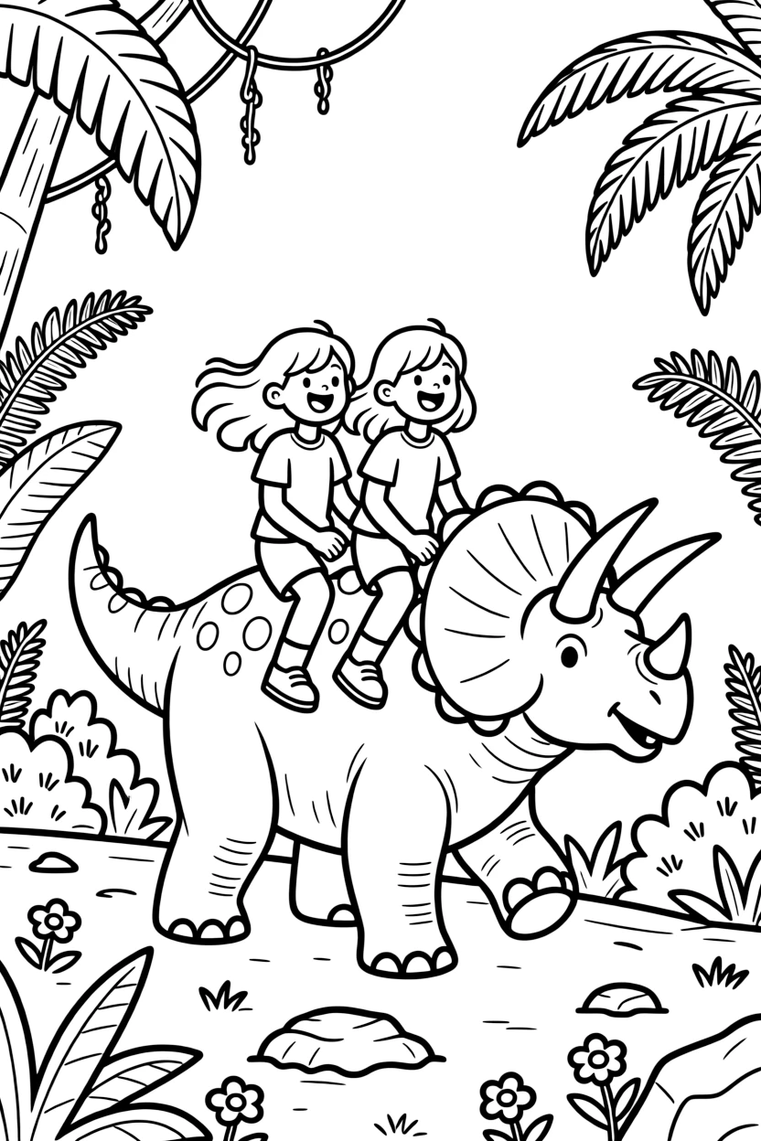 adventurous twin sisters ride on the back of a gentle triceratops through a prehistoric jungle.