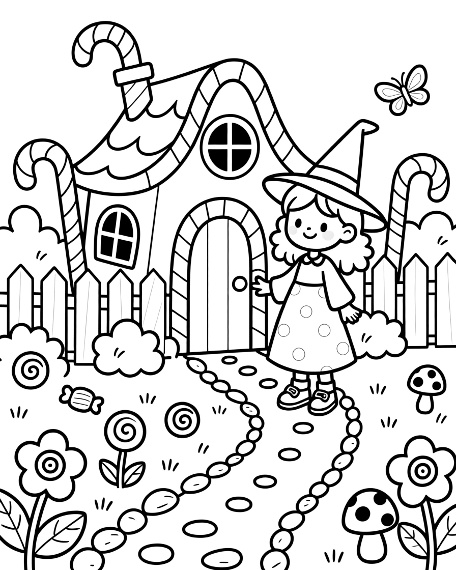 A witch's garden grows candy-cane fences and gumdrop bushes around her twisting candy cottage, a trail of breadcrumbs leading to the door.