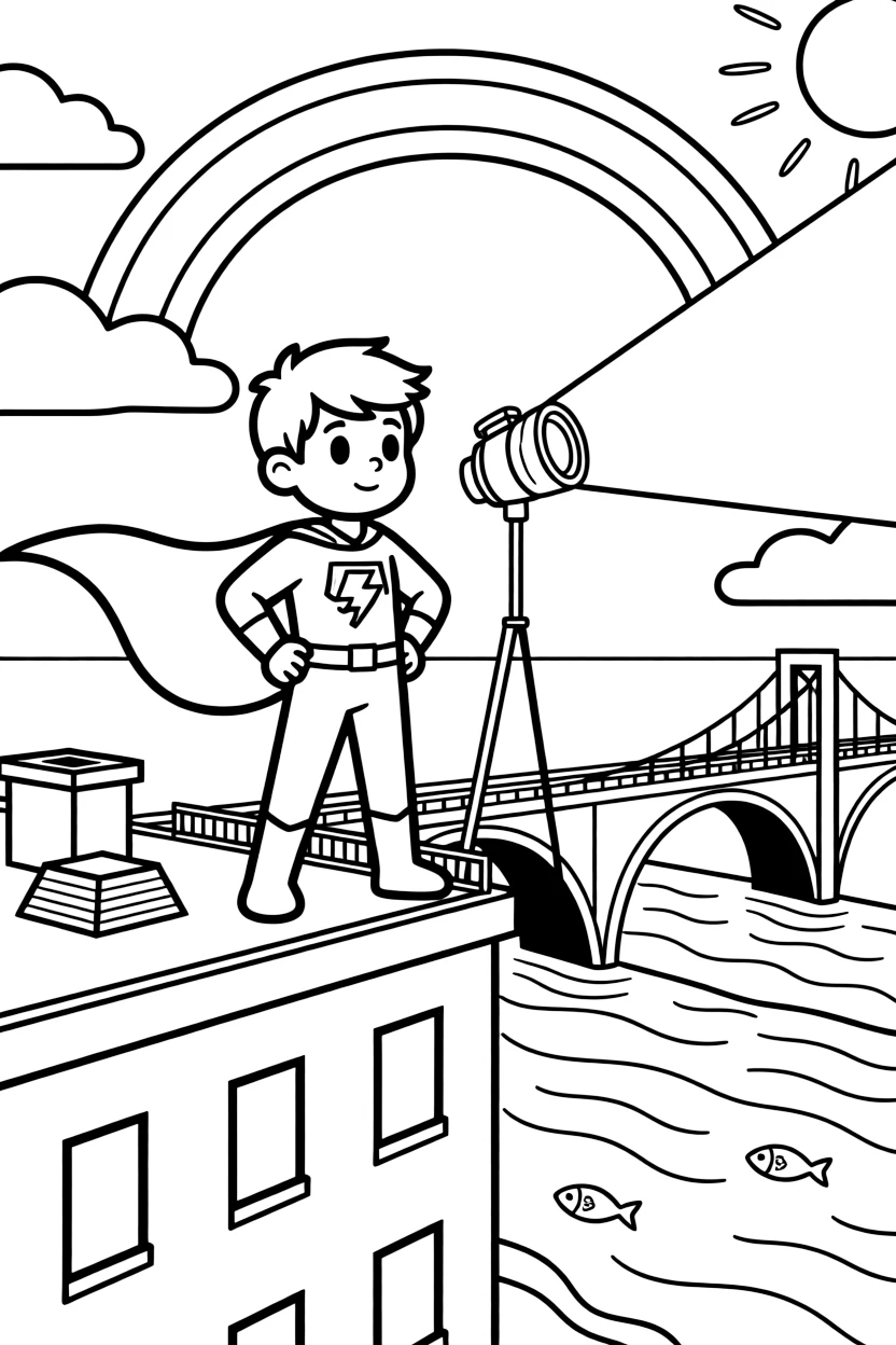 [Superheroes] a young superhero-in-training striking a heroic pose atop a building over a bridge spanning a river, wide-eyed with wonder. Nearby, a searchlight beam sweeps across the sky. A flowing cape billows dramatically behind. The scene is captured at sunset, with a rainbow arching overhead, giving the page a lively and adventurous feel that invites plenty of colorful detail.