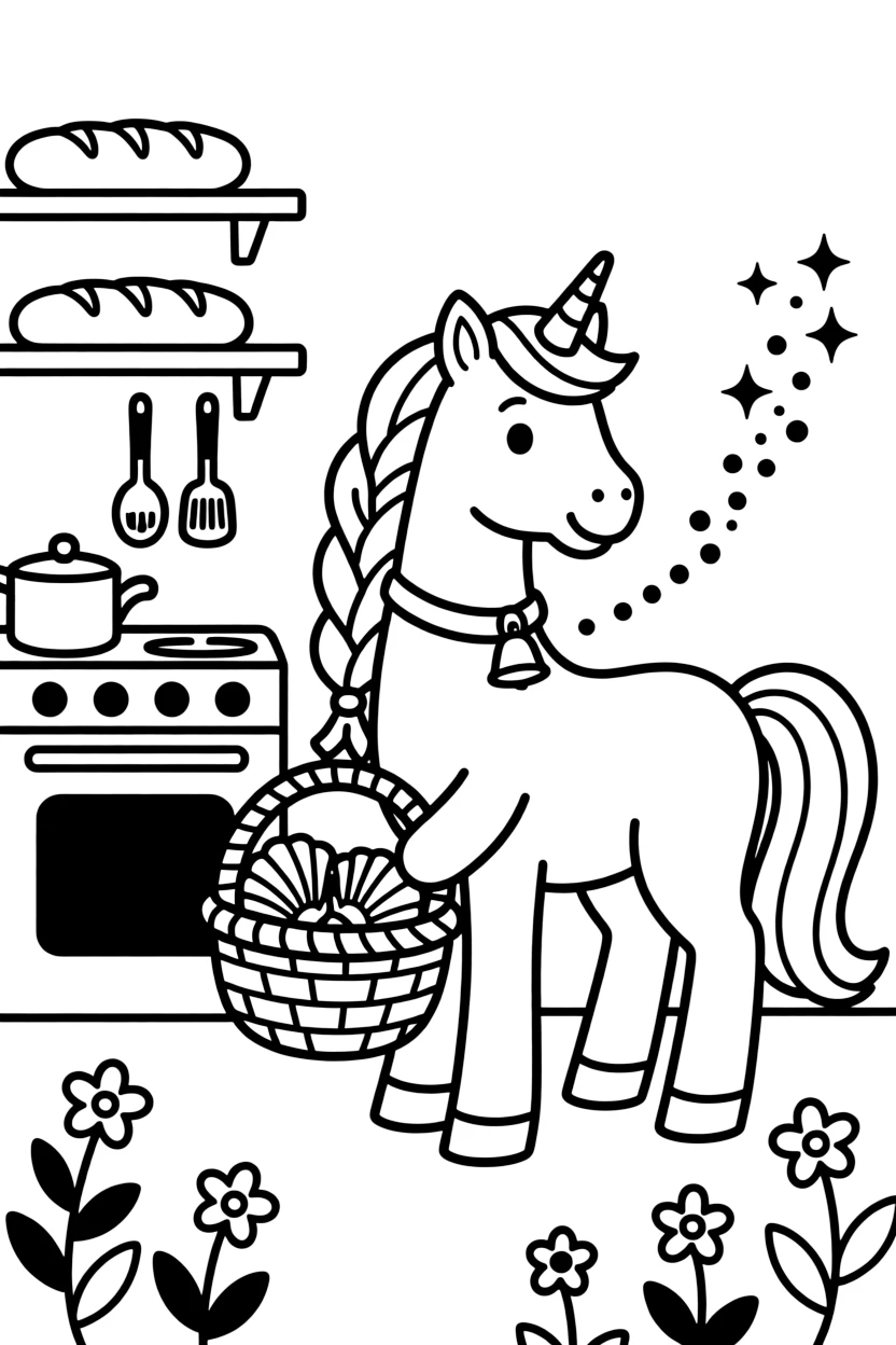 A pony with a flowing braided mane is gathering seashells into a woven basket in a cozy kitchen filled with the smell of fresh bread. Close by, a trail of glittering fairy dust and wildflowers swaying gently in the wind give the moment a cozy feel.