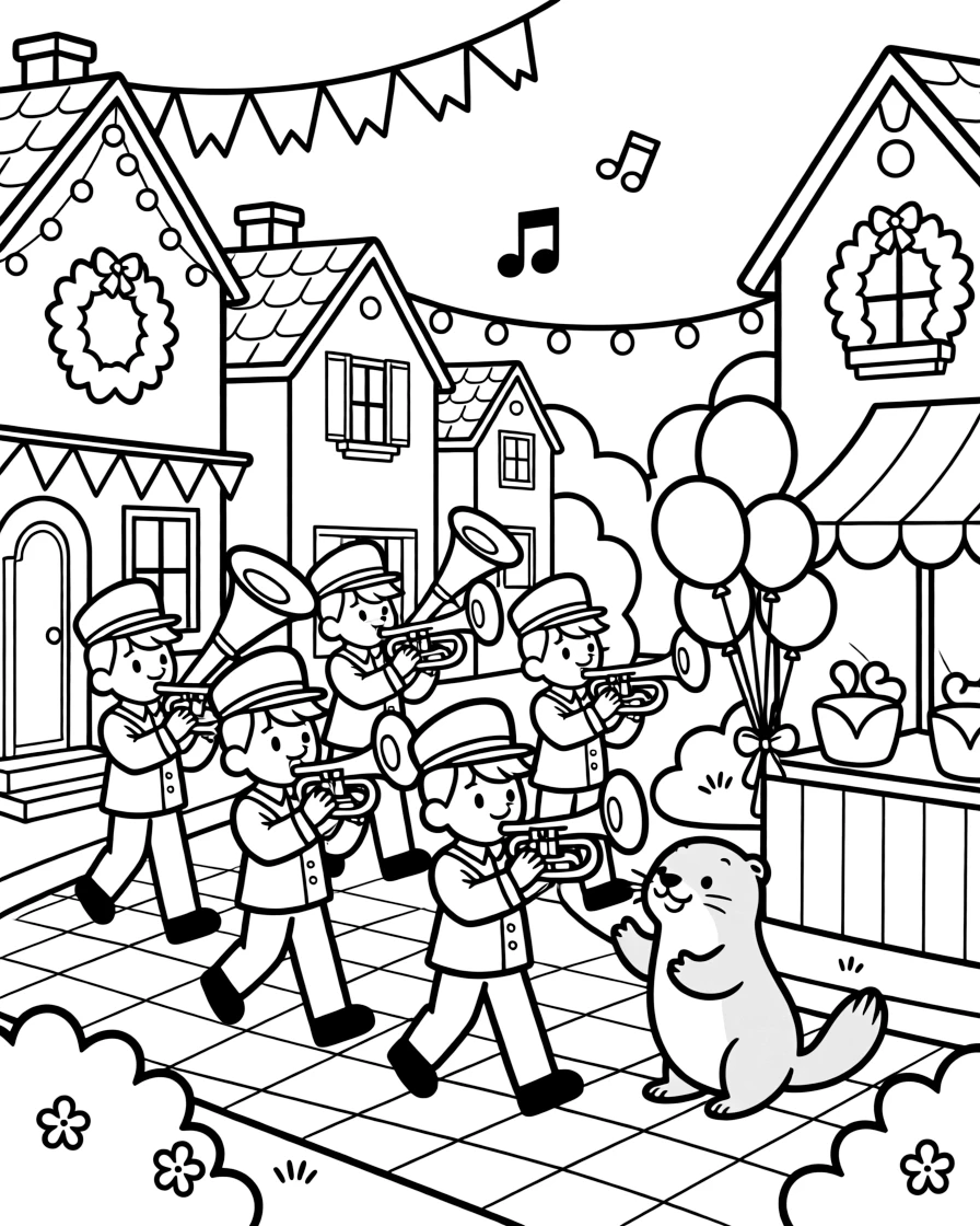 A marching band playing brass instruments in a neighborhood where every house has festive decorations, with a playful otter playing close by amid musicians playing lively instruments and balloons tied to a festive booth.