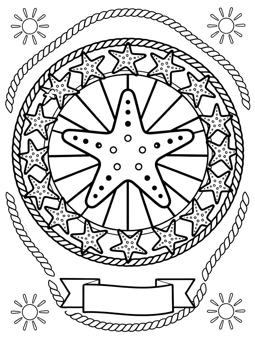 Ocean Creatures: The design turns a starfish with five plump, rounded arms into a kaleidoscope-style composition anchored by a sunburst mandala with rays spreading evenly outward. The imagery is arranged in a spinning ring of repeated segments, each one a slightly rotated twin of its neighbor. Decorative details fill the surrounding space, including bands of braided rope shapes, rays fanning out like a small sunburst, and clusters of tiny bells woven throughout the background. A playful extra touch completes the page: a little blank banner tucked into the design, ready for a name to be added.