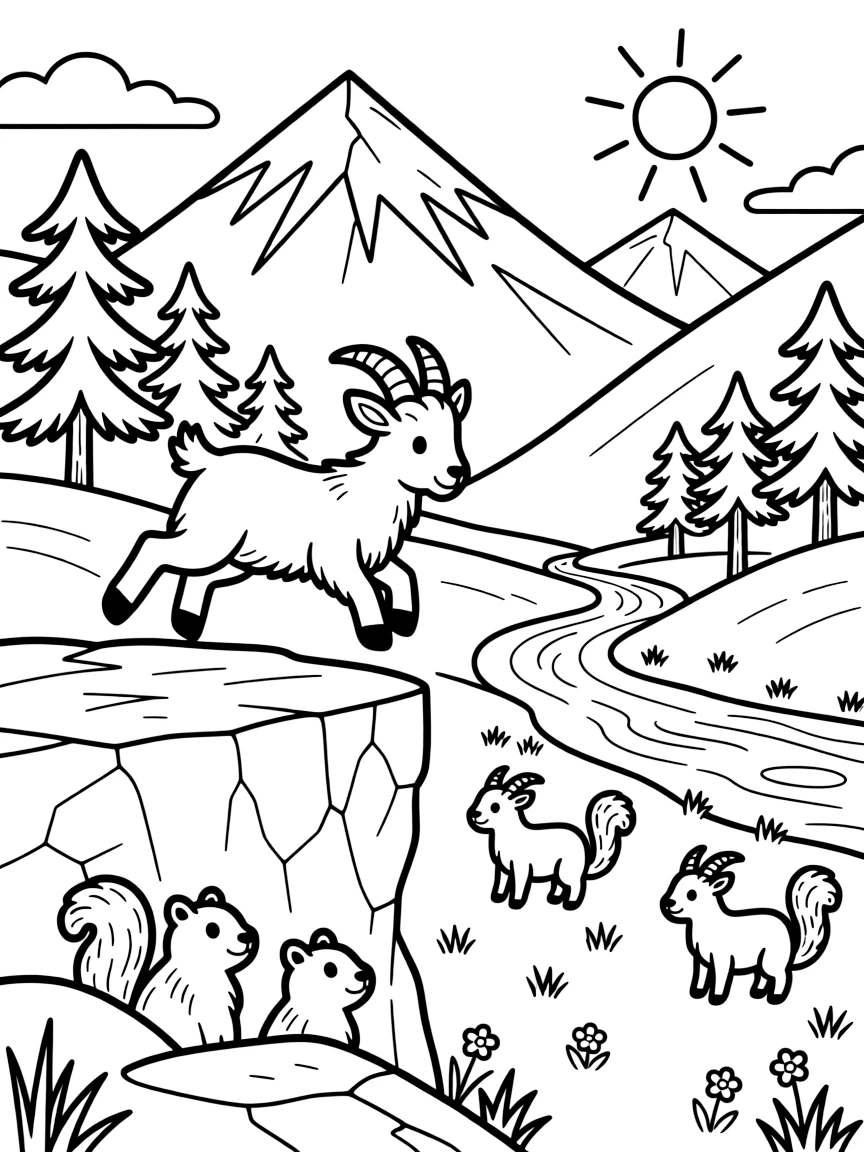 [Mountain Peaks] A young mountain goat leaps confidently across a rocky ledge high above a green valley. Below, marmots poke their heads out from between the rocks, watching a family of goats graze nearby. Snow-capped peaks tower over a valley filled with pine forests and a winding river below. Wisps of cloud drift past the summit as the morning sun paints the peaks in soft golden light.