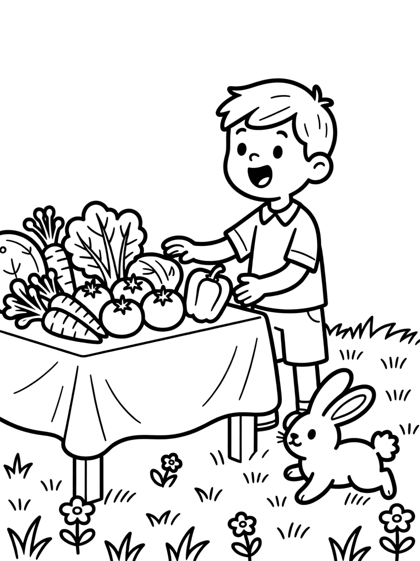 A talkative boy choosing fresh vegetables at a food bank volunteer table while a rabbit hops through the grass.