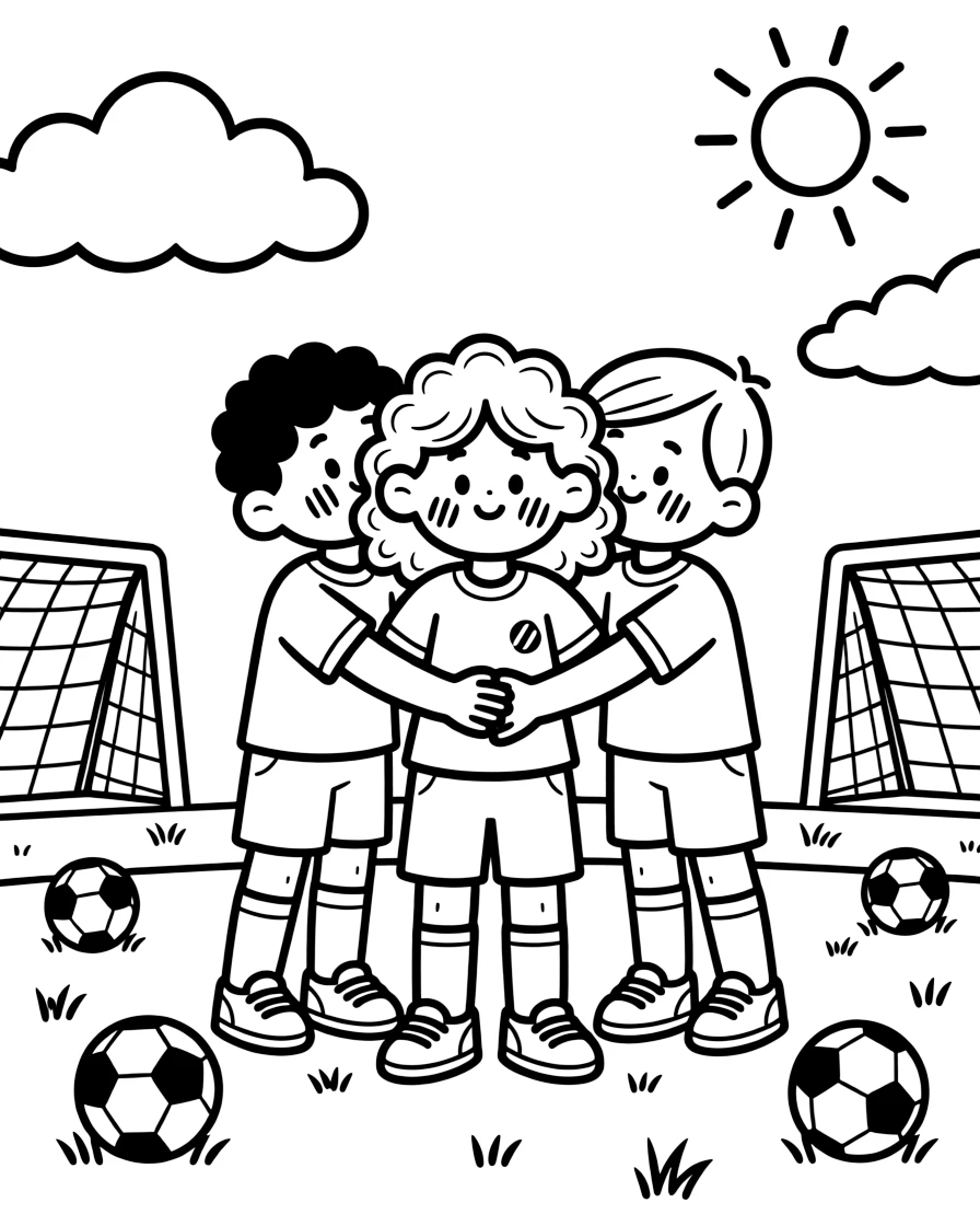 A little girl with curly hair, huddling together before kickoff, painted team colors on their cheeks.