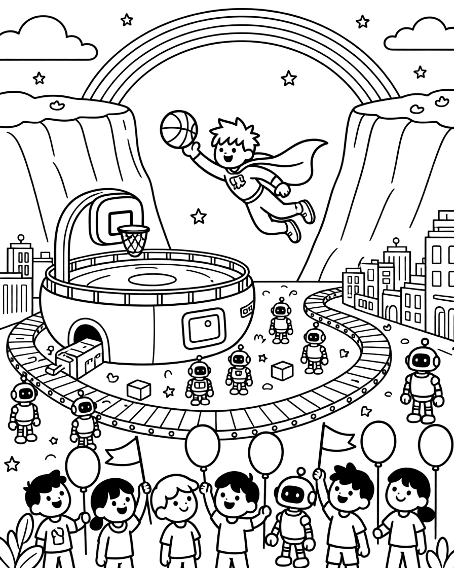 Ranger Frost, a daring wind-riding superhero kid playing a friendly game of zero-gravity basketball on a space station near a bustling robot city with conveyor-belt streets, surrounded by a cheerful crowd gathered for a festival and a rainbow bridge arching over a canyon.
