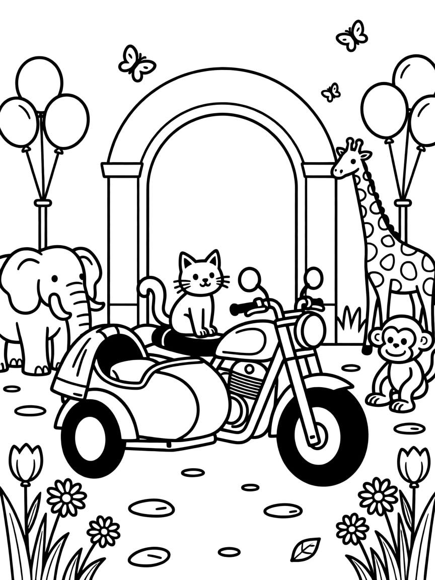 A motorcycle with a cozy sidecar for a passenger takes center stage in a friendly zoo entrance with animal statues and balloon stands, where a curious cat perched on the hood can be seen nearby, surrounded by butterflies fluttering near a patch of wildflowers.
