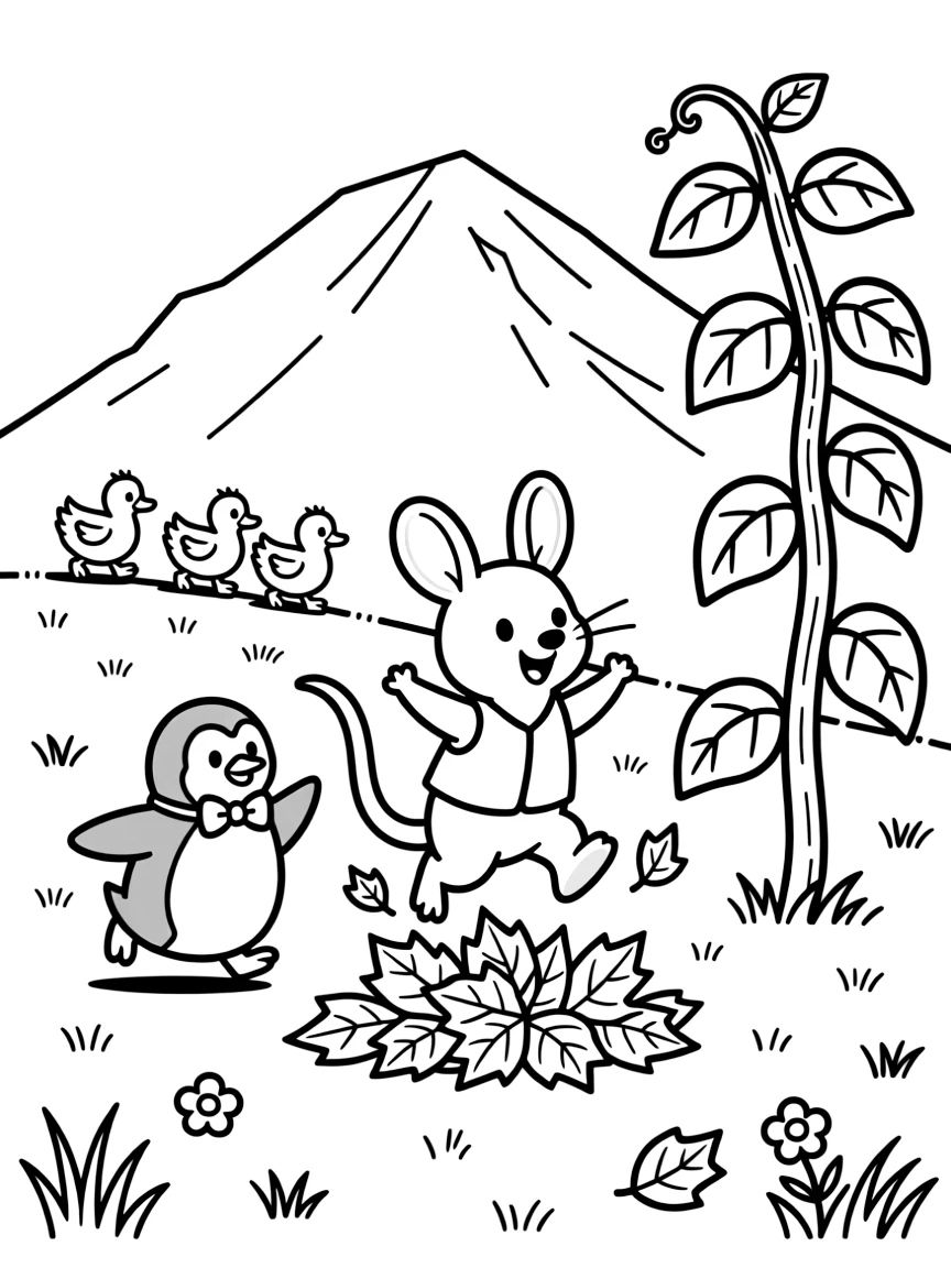 A bilby on a mountaintop meadow, jumping in autumn leaf piles with a chubby penguin, next to a giant beanstalk, with a family of ducklings following behind.