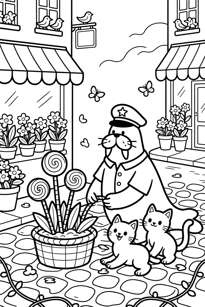 On a cobblestone street lined with flower shops, a silly walrus sea captain discovers the joy of planting a garden of lollipop flowers, while a basket of kittens tumbling over each other watches happily nearby. A gentle breeze carries the sound of joyful laughter.