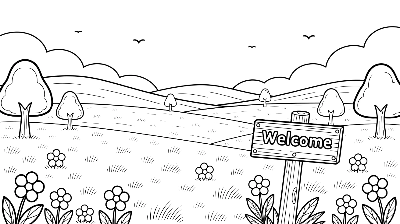 A coloring page inviting kids to explore Mongolia through wide green steppe grassland with distant rolling hills under a big sky, with small trees, flowers, and a signpost welcoming visitors nearby.