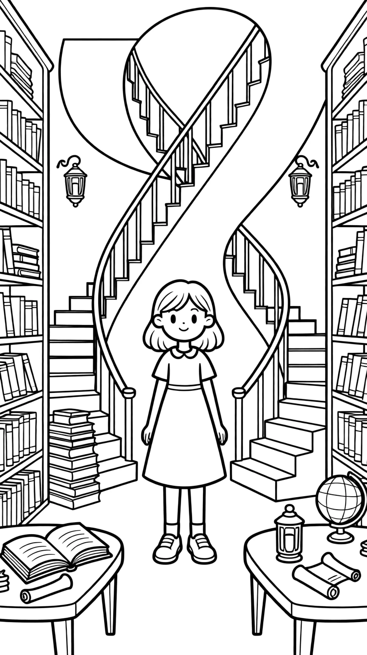 a proud young girl explores a library where staircases rearrange themselves like a puzzle.