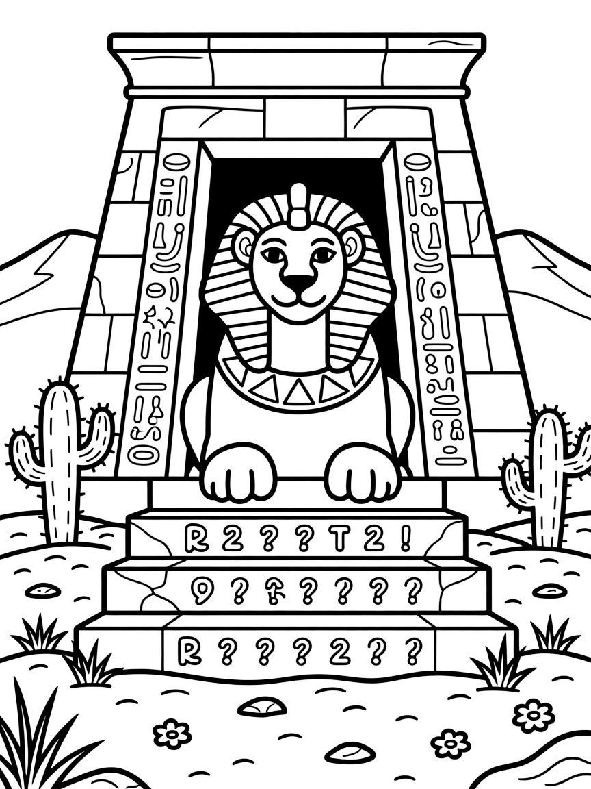 A noble lion-headed sphinx guards the entrance to a desert temple, riddles carved into the stone steps beneath its crossed paws.