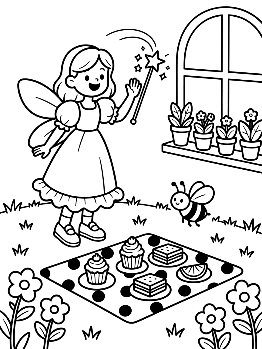 A fairy godmother girl waving a sparkling wand is setting out a picnic blanket dotted with treats at a tiny tea party set up in the grass. Nearby, a curious bumblebee buzzing among the blooms and a row of potted plants along a windowsill make the scene feel magical.