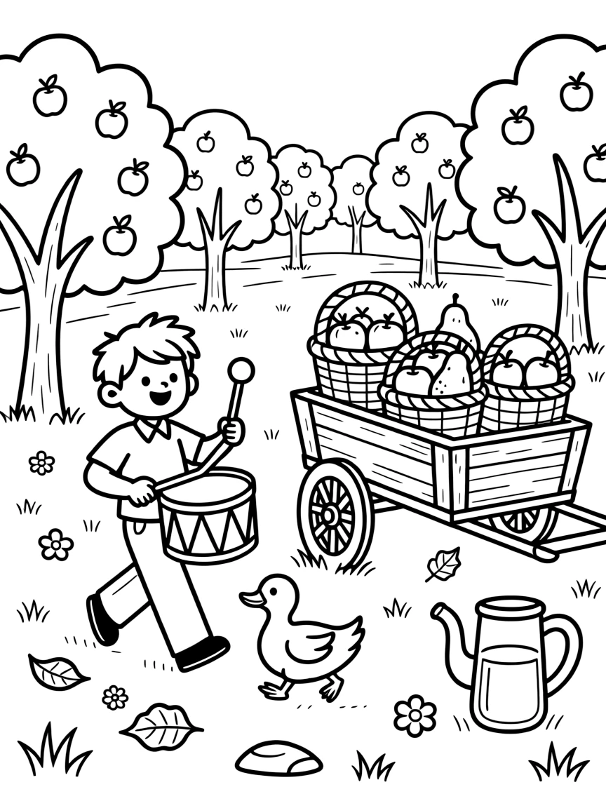 A wide view in an orchard where baskets are filled with just-picked fruit, featuring a drummer leading a joyful harvest procession, a waddling duckling, and a farmer's cart loaded with produce, with a jug of fresh apple cider nearby.