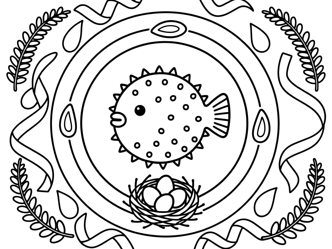 Ocean Creatures: The main subject is a puffer fish rounded into a spiky ball, drawn as the focal point of a set of perfectly matched concentric rings. It is positioned in the middle of the page so the design radiates outward evenly in every direction. Decorative details fill the surrounding space, including curling paisley teardrops, curling fern-frond shapes, and ribbons folded into gentle zigzags woven throughout the background. A playful extra touch completes the page: a tiny nest holding three small eggs tucked into the pattern.
