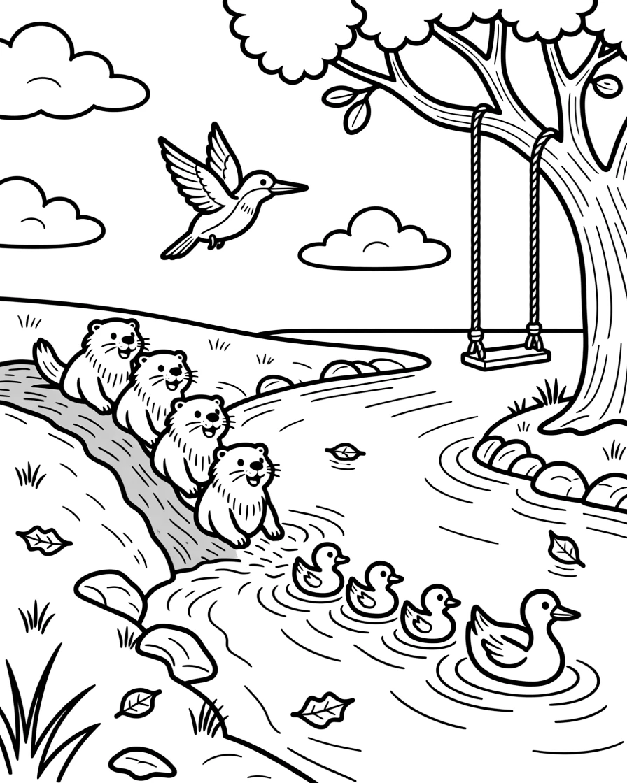 [River Adventures] A group of otters slide playfully down a muddy riverbank into the sparkling water below. A kingfisher darts across the river as ducklings paddle in a neat row behind their mother. A rope swing hangs from an old tree over a wide, calm bend in the river. A gentle current carries fallen leaves downstream beneath a sky full of drifting clouds.