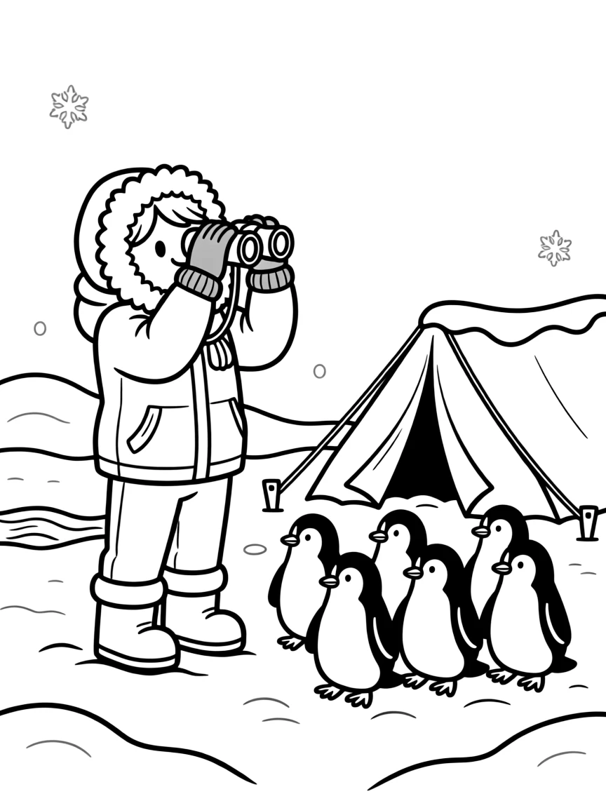 A polar researcher studies penguins with binoculars beside a snowy research tent.