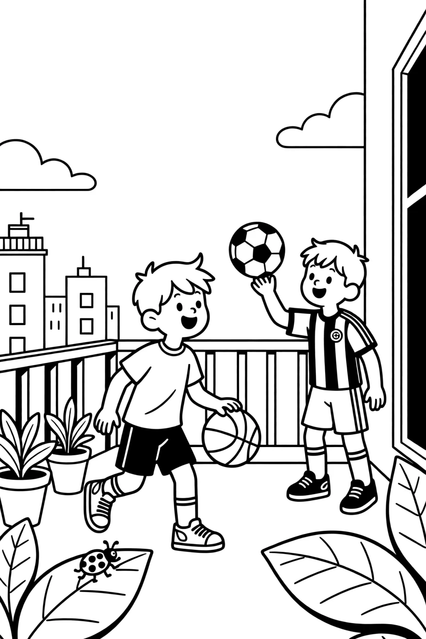 A giggling boy playing basketball with a buddy from the soccer team on an apartment balcony as a ladybug crawls on a leaf.