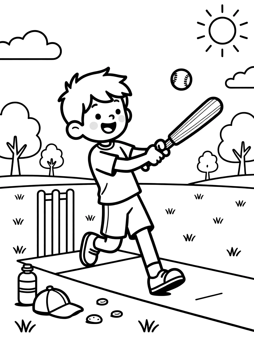 A cheerful young boy, swinging the bat to smash the ball for a boundary on a sunlit pitch.