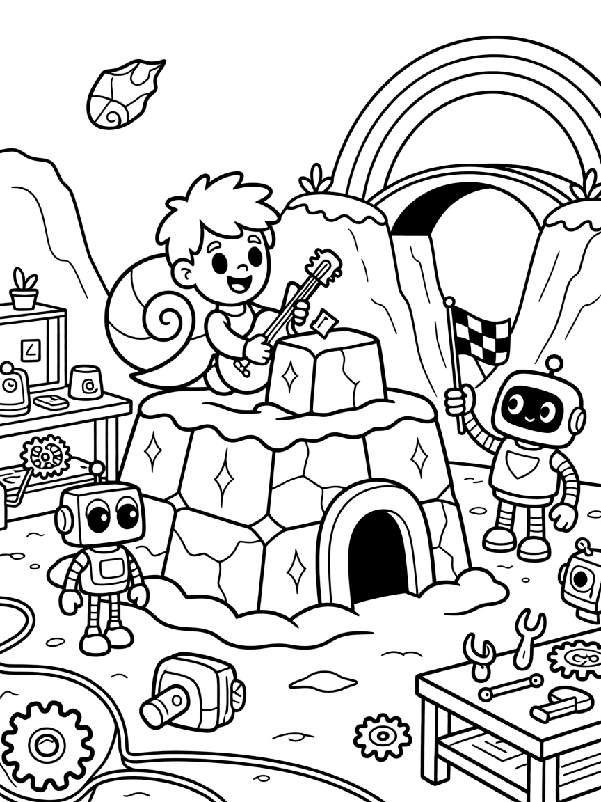 Zenon, an alien musician with a spiral shell body building a snow fort out of frozen comet ice, in a robot workshop cluttered with gears, wires, and half-built inventions, with a friendly robot waving a checkered flag and a rainbow bridge arching over a canyon nearby.