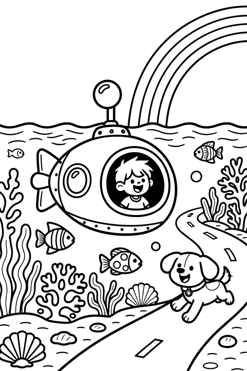 A mini submarine explorer with a bubble-shaped window takes center stage in a coral reef bursting with fish beneath clear blue water, where an excited puppy chasing along the road can be seen nearby, surrounded by a rainbow arching across the sky.