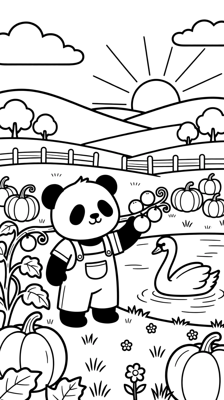 A panda cub harvesting ripe fruit alongside a swan on a farm at sunrise, near a pumpkin patch.