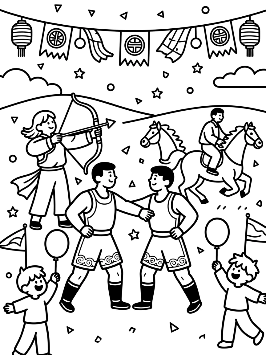 A coloring page capturing a joyful festival moment in Mongolia: the Naadam festival with wrestlers, archers, and racing horses competing, surrounded by smiling children, decorations, and confetti in the air.