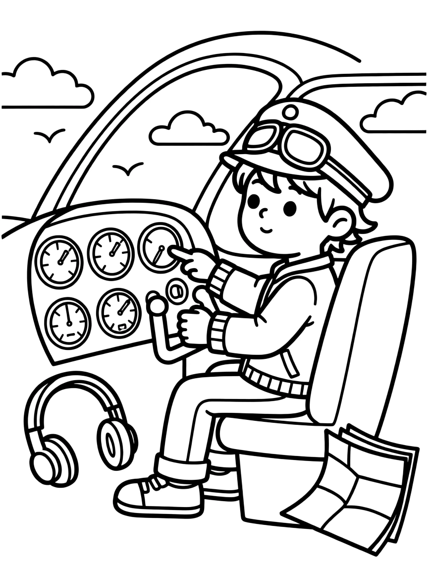 a thoughtful small child checks instruments in a cockpit before a pretend first flight lesson.