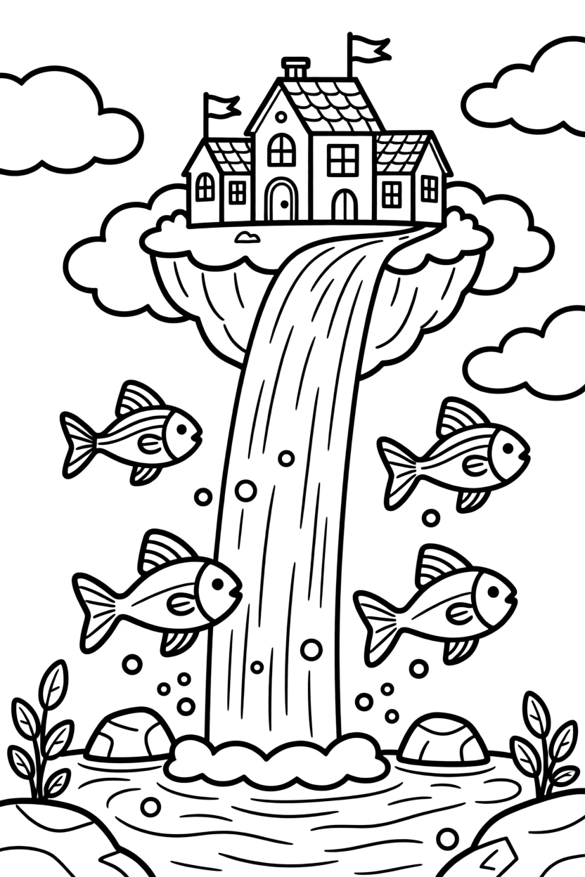 A school of flying fish with rainbow fins leap from a waterfall that flows upward into a floating island city above the clouds.